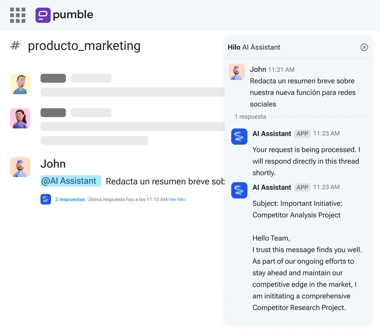 Menciona a AI Assistant para incluirlo en la discusión del canal.